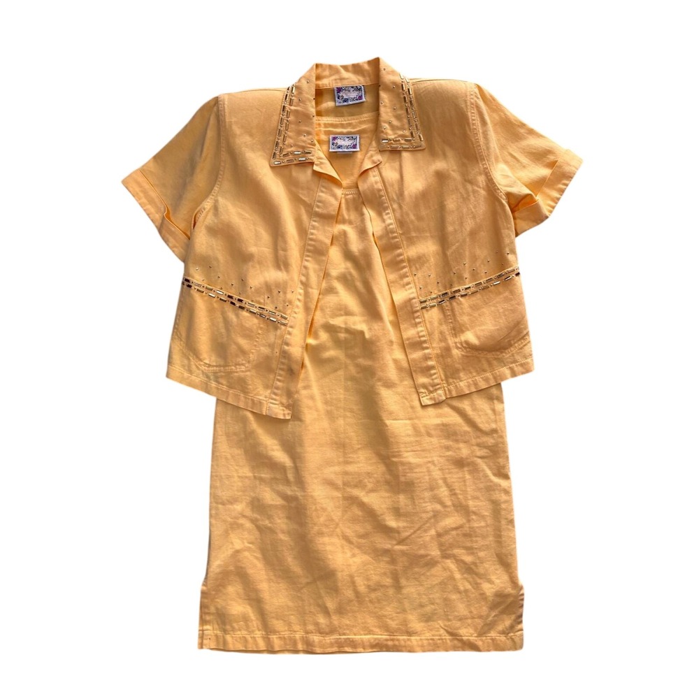 Monique‎ Fashions Dress Set Womens Yellow Studded Denim 2 Piece Outfit